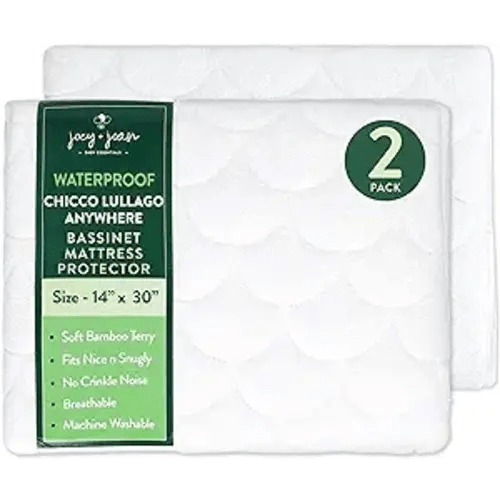 Joey + Joan Waterproof Bassinet Mattress Pad Cover Compatible with Chicco Lullago Anywhere Bassinet – 2 Pack Quilted Mattress Protector Made from Ultra Soft Bamboo Viscose Terry – 14" x 30" - for Chicco Lullago Anywhere Bassinet