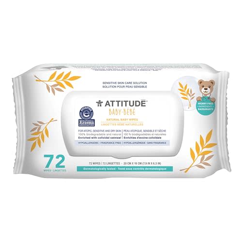 ATTITUDE Baby Wipes, Enriched with Oatmeal, Diaper Wipes for Babies and Newborn, Sensitive and Dry Skin, Dermatologically Tested, Vegan, Unscented, 72 Count