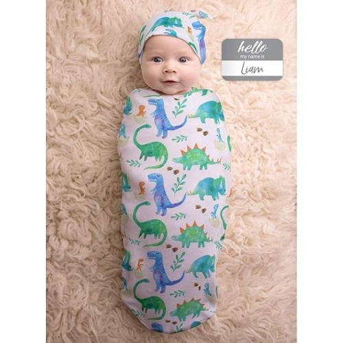 Itzy Ritzy Cocoon & Hat Swaddle Set - Swaddle for Newborns Includes Name Announcement Card & Jersey Knit Cocoon & Hat Set, Perfect for Newborn Photography - for 0 to 3 Months (Dinosaur)