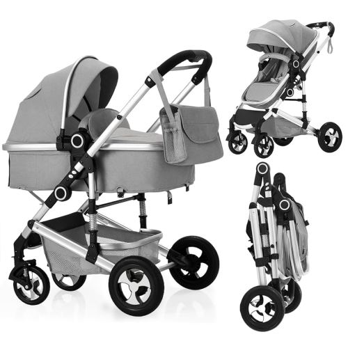 2 in 1 Baby Stroller, Convertible Pushchair Stroller w/Reversible Seat, Foldable Newborn Pram Carriage, Adjustable Canopy, Storage Basket, Diaper Bag & Cup Holder, 0-36 Months, Light Grey