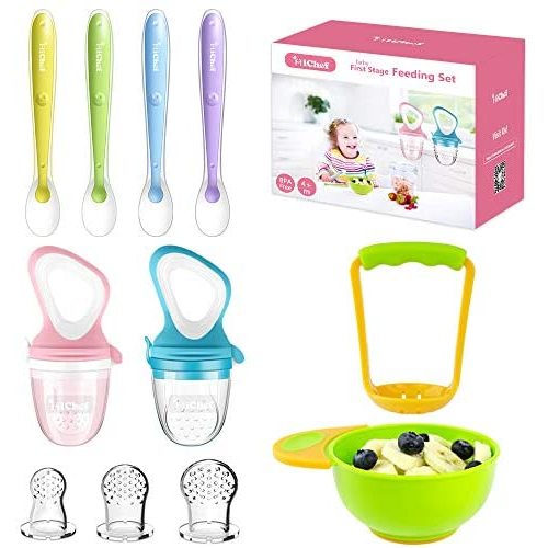 Food Feeder Baby Fresh Fruit Feeder (2 Pack) with 3 Different Sized Silicone Pacifiers, Mash and Serve Bowl with 4 Soft-Tip Silicone Baby Spoons, Perfect Baby First Stage Feeding Set by MICHEF