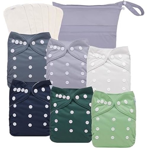 babygoal Cloth Diapers Pack of 13, Baby Reusable Washable Pocket Nappy, 6pcs Diapers+6pcs Rayon from Bamboo Inserts+Wet Bag 6FB08-MB-B