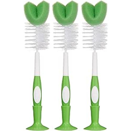 Amazon Brand - Mama Bear Baby Bottle Brush with Nipple Cleaner and Suction Cup Stand, White (Pack of 3)