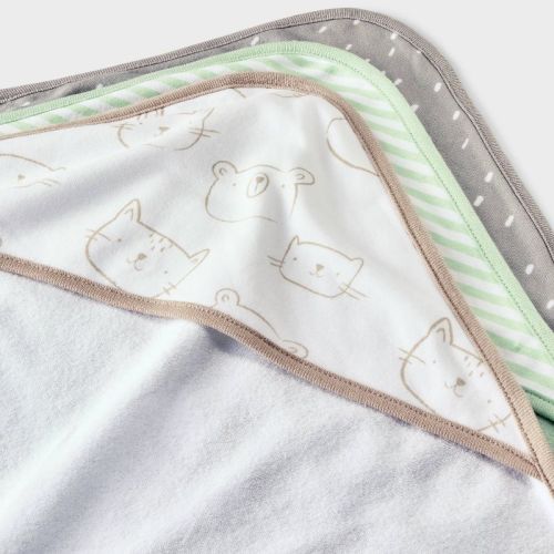 Baby 3pk Hooded Towel - Cloud Island™ Gray: Cotton Polyester Blend, Animal Icon Pattern, 30"x30"