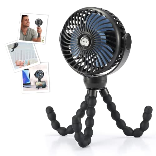 snawowo Upgraded 4000mAh Baby Stroller Fan, 360°Rotation Mini Portable Fan with Flexible Tripod Clip On Stroller Treadmill Bike Crib Car Seat, USB or Battery Powered Handheld Personal Fan (Black)