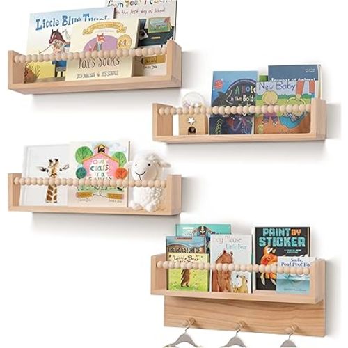 BOMID Wall Bookshelves,Set of 4 Natural Wood Floating Bookshelf,Nursery Shelves,Floating Book Shelves for Wall(Burlywood)