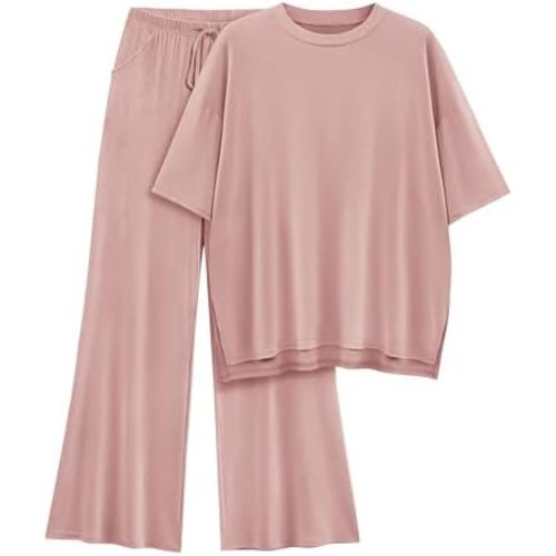 Womens Lounge Set 2 Piece Outfits Casual Loose Fit Short Sleeve Tops and Wide Leg Pants Tracksuits