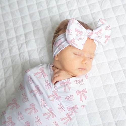 Pink Bow Swaddle, Coming home Baby Girl, Personalized Baby Girl Swaddle Blanket, Headband Gift, Coquette Aesthetic, The Juliette