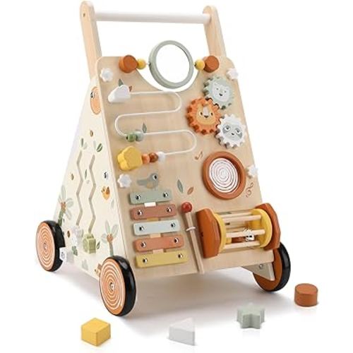Wooden Baby Walker, Baby Push Walker with Activity Center for Girls Boys, Push Walker Toys for Babies Learning to Walk, Sit-to-Stand, for 10-12 Months 1 2 3 Years Old