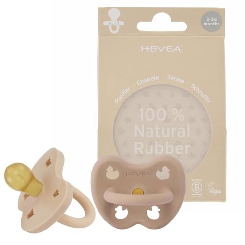 HEVEA Natural Rubber Pacifier Round 3-36 Months – Hygienic One Piece Design for Newborns to Toddlers, BPA-Free, Soft & Durable – 2-Pack (Sand & Tan Beige)