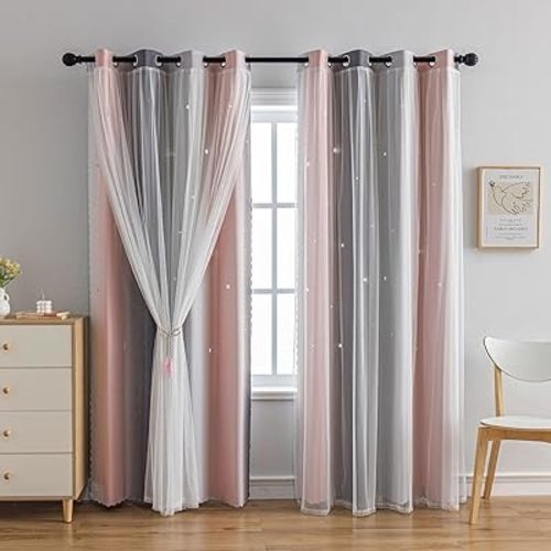 Star Girl and Kids Curtains for Bedroom Rainbow Ombre Double Layer Cute Shot Nursery Darkening Grommet Princess Room Décor 2 Panels Living Room Window Curtain (Pink Grey35W x 84L)