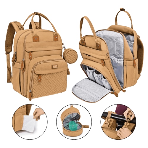 BabbleRoo Diaper Bag Backpack, Waterproof, Unisex, Travel Bag, Light Brown