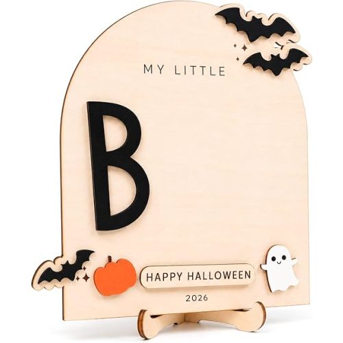 My Little Boo Wooden Halloween Sign with Stand 2026 - DIY Baby Footprint Handprint Kit with 3D Bats Ghost Pumpkin - First Halloween Photo Prop Milestone Keepsake - Kids Halloween Craft Paint Activity