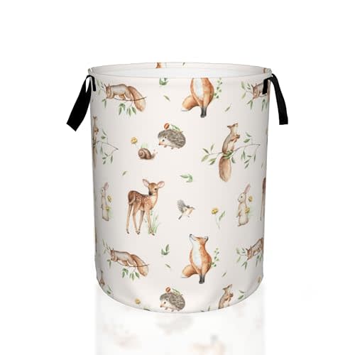 Deer Hedgehog Fox Bunny Squirrel Forest Laundry Basket,Waterproof Foldable Laundry Hamper,Dirty Clothes Laundry Basket, Linen Bin Storage Organizer for Toy Collection 16" x 20"
