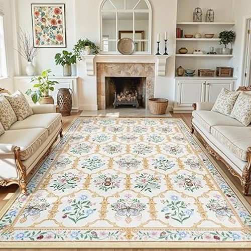LIVEBOX Beige 5x7 Washable Rug for Living Room, Vintage Floral Area Rug for Bedroom, Non-Slip Rugs with Butterfly and Bee Pattern, Low-Pile Throw Carpet for Dining Room, Nursery Playroom Home Decor