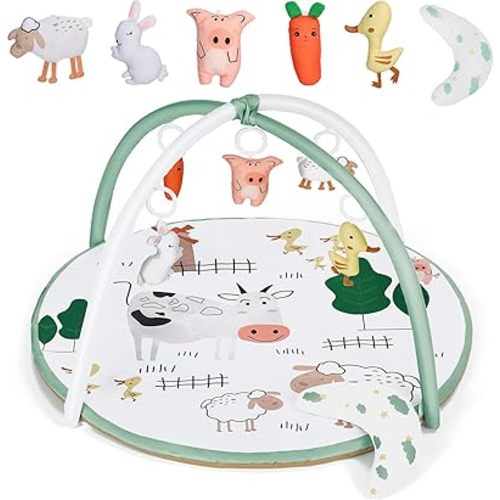 Baby Play Gym Mat, Tummy Time Activity Mat with 5 Detachable Toys and Pillow for Newborn Stage-Based Sensory and Motor Skill Development, Infant Play Mat for Babies to Toddlers