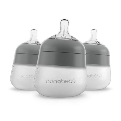 Nanobebe Flexy Silicone Baby Bottle Anti-colic Nipple, Soft Body, Stable Base - Gray - 5oz/3pk