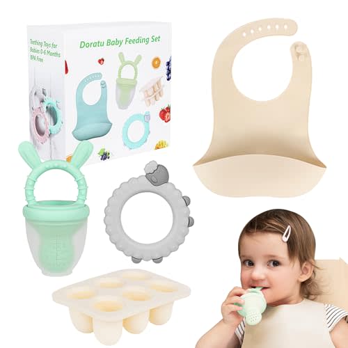DORATU Baby Feeding Set, Baby Fruit Feeder for Batch Preparation of New Foods,Breast Milk Popsicle Moulds, Silicone Teething Toys, Silicone Bibs,Bpa Free,Dishwasher Safe