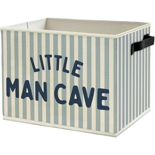 Little Man Cave Boys Storage Bins Box with Handles, Olive Blue Stripe Boho Collapsible Basket Organizer for Kids Boys Playroom Nursery Room Bedroom Bathroom Toys Books Clothes