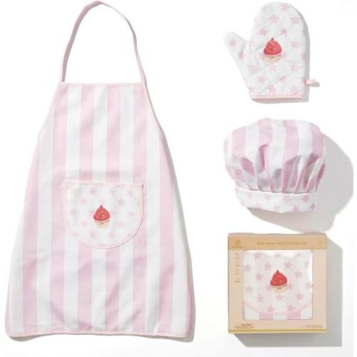 WoodenEdu Kid Apron and Chef Hat Set, 3Pcs Children Cooking Baking Set Kits
