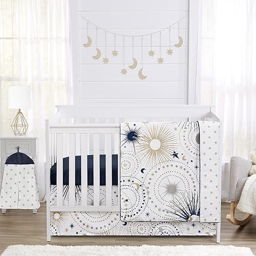 Sweet Jojo Designs 4-Piece Baby Crib Bedding Set (Star and Moon) for Boys or Girls, Infants/Nursery incl. Blanket, Fitted Sheet, Skirt, Diaper Stacker (Navy Blue, Grey, Celestial, Sky, Stars, Neutral)