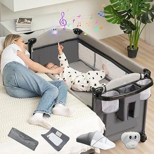 5 in 1 Baby Bassinet Bedside Sleeper, Pack and Play Bassinet with Diaper Changer/Mattress, Bedside Crib with Storage, Baby Playard from Newborn to Toddler