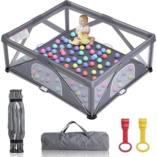 Foldable Baby Playpen, Extra Large Play Pen for Babies and Toddlers, Baby Fence Play Yard, Safety Kids Portable Playpin Indoor&Outdoor (59"X71",Dark Grey)