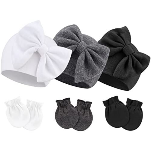 Newborn Baby Hats and Mittens Set Infant Bow Beanie Cap Toddler Gloves Newborn Hospital Hats for Baby Boy Girl 0-12 Months