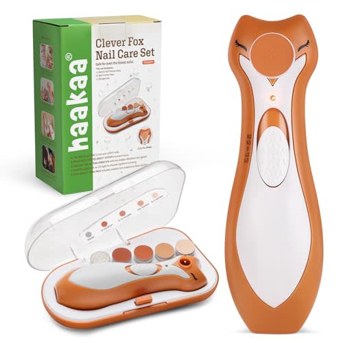 haakaa Electric Baby Nail Clippers for Newborns/Toddlers/Children/Adults, Electric Baby Nail File with 6 Replacement Heads & Storage Case, Safe & Easy Clever Fox Baby Nail Trimmer Electric