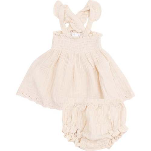 Ruffle Strap Smocked Top and Diaper Cover, Muslin White Swan - Angel Dear | Maisonette