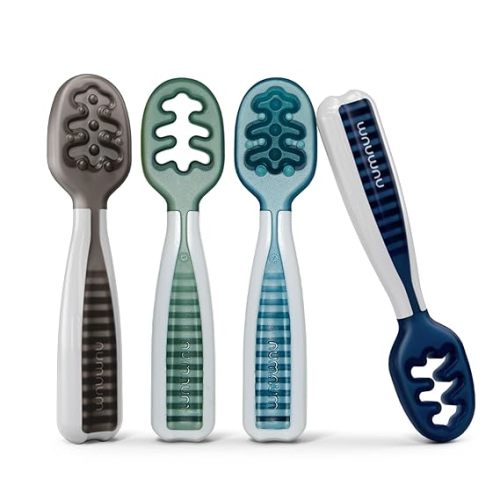NumNum Baby Spoons Set, Baby Essentials Pre-Spoon GOOtensils for 6+ Months, First Stage Self-Feeding Spoons for Baby Led Weaning (BLW), Silicone Toddler Utensils, BPA-Free, 4 Pack Beach Picnic