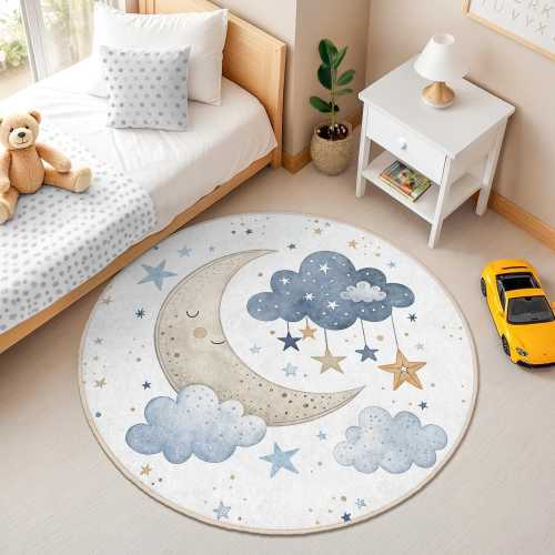 Moon and Stars Round Kids Rug - Nursery Sky Theme Playroom Carpet - Blue Yellow Cloud Circle Mat for Baby Room & Toddler Decor