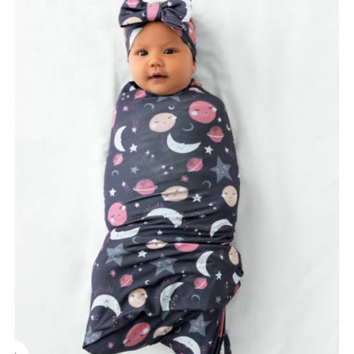 Pink To the Moon & Back Swaddle & Luxe Bow Headband Set - Little Sleepies