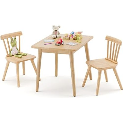 Windsor Kids Table and 2 Chair Set, Rubberwood Children Toddler Table and Chair Set with Non-Slip Legs/Round Edge Design for Art, Play, Craft, Activity, Natural Wood
