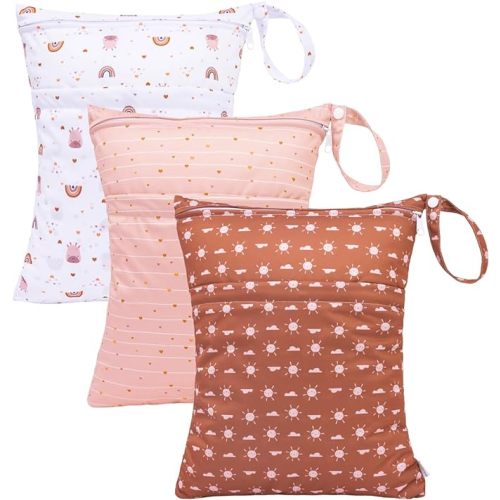 babygoal Wet Dry Bags for Baby Cloth Diapers, Washable Travel Bags, Beach, Pool, Gym Bag for Swimsuits & Wet Clothes with Two Zippered Pockets 3 Pack, 3LN16 - tiger & fox