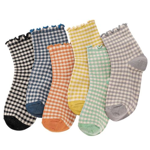 6 Pairs Women Ruffle Socks Striped Frilly Socks, Women Cute Socks Checkered Socks Ankle Socks for Women Cotton Knit Casual Crew Socks Size 5-9, Medium