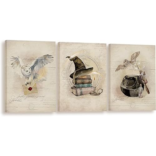 BIWSHA Vintage Retro Magic Wall Art Print,Owl Magic Book Magic Stick Wall Art,Magic Lovers,Magic theme For Girls Woman Room Living Room Home Decor 11x14 Inches Set of 3