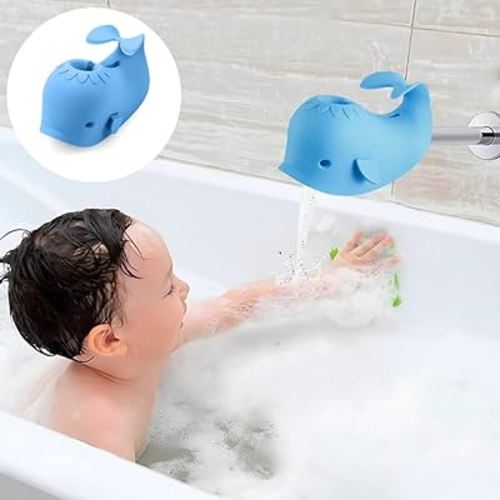 PandaEar Bath Spout Cover, Baby Bathtub Faucet Cover, Baby Shower Protector Cover for Kids Toddlers, Universal Fit -Whale (Blue)