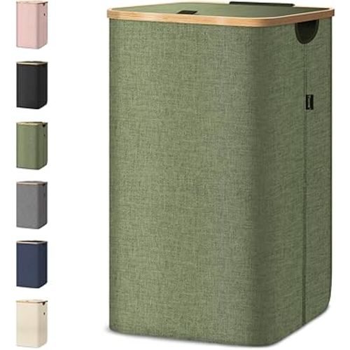 BALEINE Laundry Hamper with Lid, Tall Laundry Baskets with Bamboo Pull Handles, Large Laundry Bin with Internal Support (26 Gallon, Green)