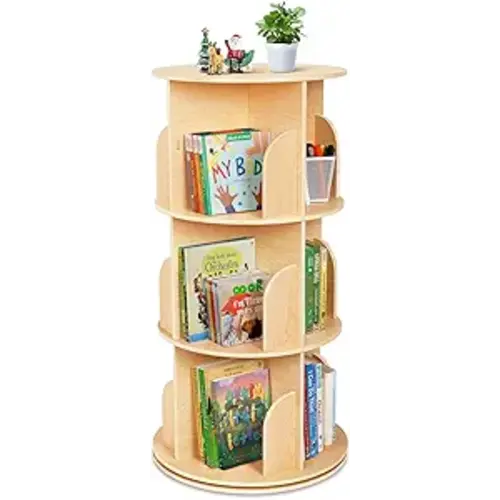 OOOK Kids Rotating Bookshelf, Small Corner Bookshelf for Small Space, 360° Display 3 Tier Floor Standing Bookcase Storage Rack, Wooden Narrow Bookcase Organizer for Bedroom, Living Room