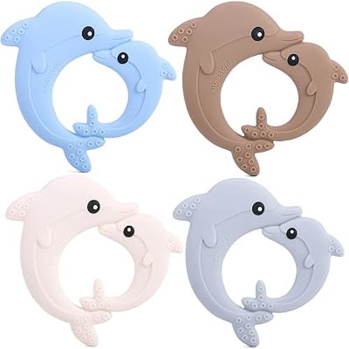 Teething Teether Toys for Babies 0-6, 6-12 Months, 4 Packs Gift Aitoustone Soft Dolphin BPA Free Teething Toy for Baby, Chewing Relief Toys with Easy to Hold Handles