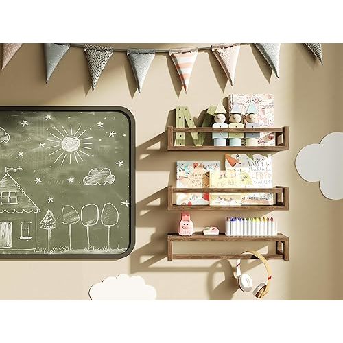 Upgraded Thick Floating Shelves - Multi-Use Wall-Mounted Bookshelves for Kids and Nursery, Ideal for Books, Toys, Spice Rack, Decor - Walnut Brown