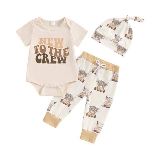 SAYOO Western Newborn Baby Boys Cowboy Outfits Cow Print Letter Bodysuit+Long Leggings+Cap 3pcs Infant Boy Country Clothes (New To The Crew, 0-3 Months)
