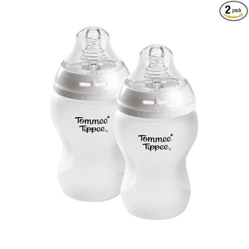 Tommee Tippee Silicone Coated Glass Baby Bottles for Feeding, 9 0z, Anti-Colic, 0+ Months, Slow Flow Breast-Like Nipple, Shatter-Proof Glass, BPA Free, Pack of 2