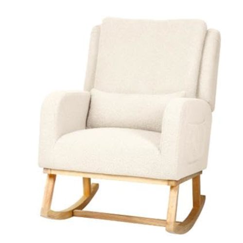 Rocking Chair Nursery with Pillow, Nursery Rocking Chairs in Teddy Fabric with Wingback & Armrest, Built-in 2 Side Pockets, Comfy Nursery Glider Nursing Chair Armchair for Living Room, Bedroom, Beige