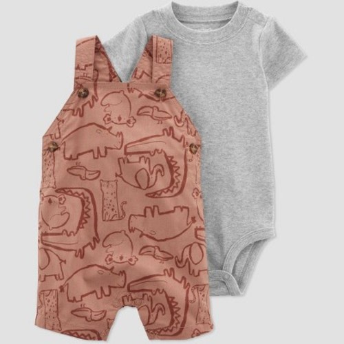 Carter's Just One You®️ Baby Boys' Safari Shortalls Top And Bottom Set - Orange/gray
