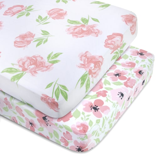 Baby Essentials 2 Pack of 52”L x 28”W Standard Microfiber Patterned Fitted Elastic Baby Crib Sheets for Newborns, Infants and Toddlers Nursery, Crib, Bed and Mattress in Flowers & Roses