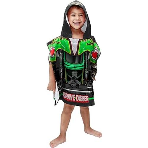 Jay Franco Monster Jam Grave Digger Kids Bath/Pool/Beach Hooded Poncho - Super Soft & Absorbent Cotton Towel, Measures 22 x 22 Inches