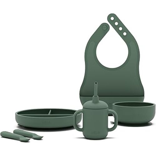 Lalo First Bites Silicone Baby Feeding Set - Baby Led Weaning Supplies - Non-Toxic Silicone - Includes 1 Bib, 2 Spoons, Training Cup, Suction Plate and Bowl - 6 Pieces - Olive