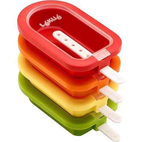 Lékué Set of 4 Stackable Popsicle Molds + Sticks & Lids | Homemade Freezer Ice Pops & Frozen Snacks | Flexible Platinum Silicone for Easy Fill & Unmold | Reusable & Dishwasher Safe| Multicolor
